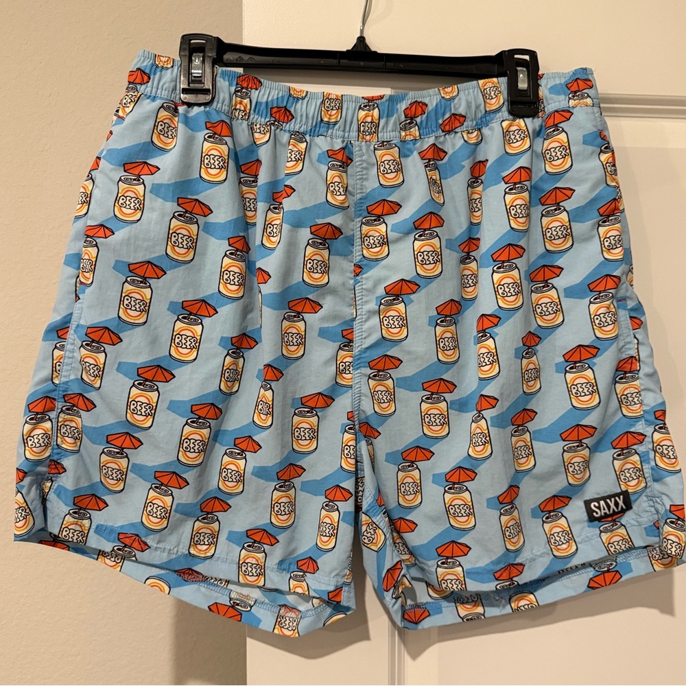 SAXX Men's Light Blue Swim Trunks with Beer Can Print